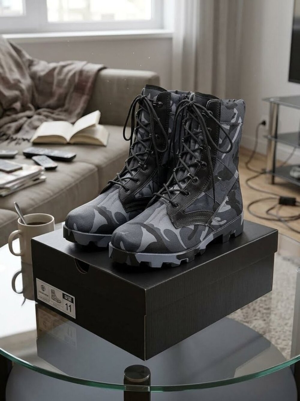 Military Tactical Boots for Work, Blue Camo Lace-Up for Men